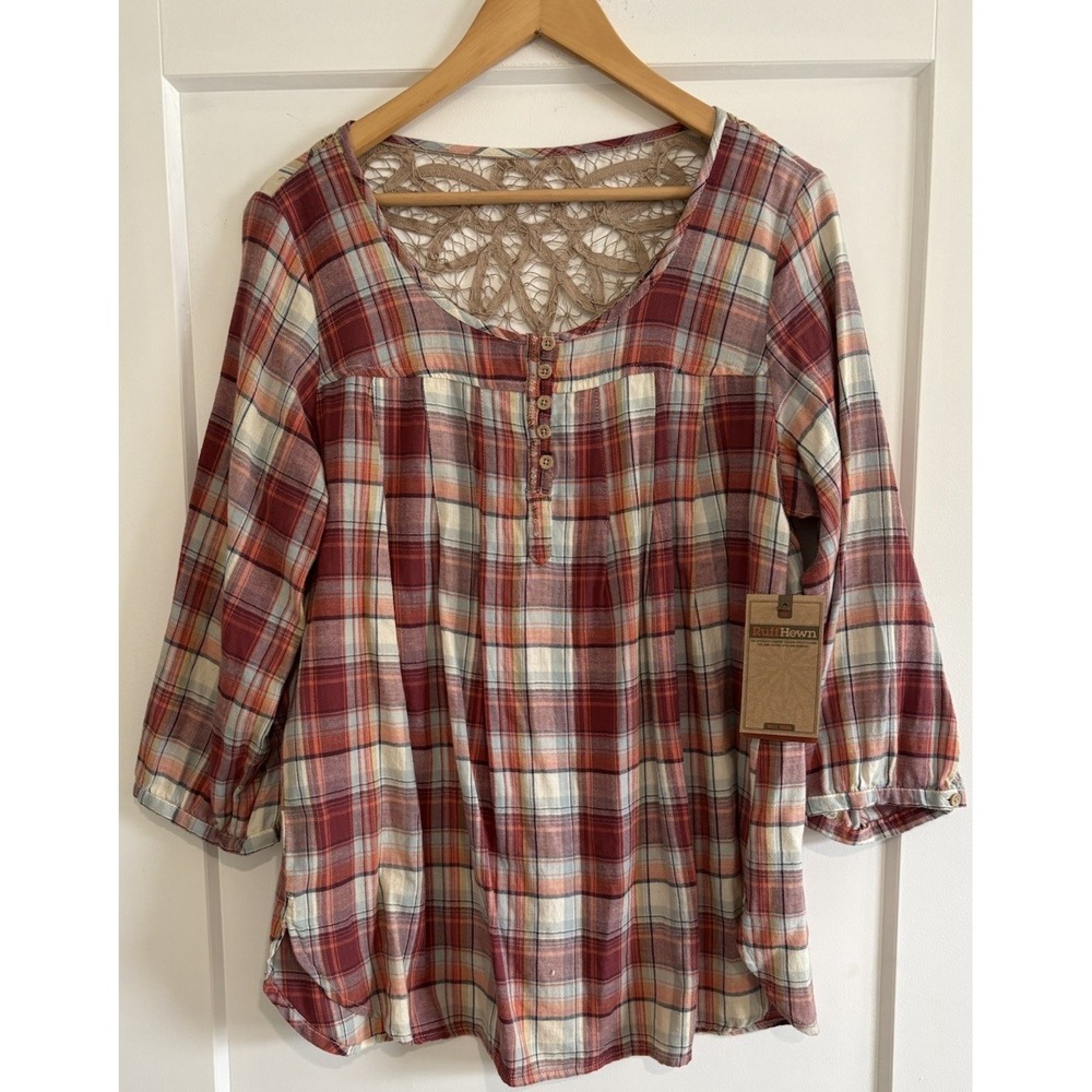 Ruff Hewn Plaid LG Peasant Blouse NWT Large Masonry Red Boho Cottagecore Lace